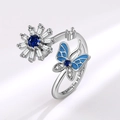 Silver rotating butterfly ring with blue gemstone and enamel wings adjustable fit - AJ498 Silver Deep Blue Flower Butterfly