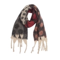 Detail of knit scarf showing large polka dot pattern and thick fringe tassels - Red & Black