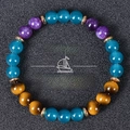 Detalle de pulsera de cuentas de ojo de tigre y cristal con texto Fortune en fondo negro - Estilo Cristal Azul Púrpura y Ojo de Tigre (Fortune-2)