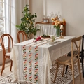 Nappe de Noël américaine avec broderie de fleurs rouges sur tissu en coton ivoire - 140*140cm / Feuilles de Noël en Quatre Couleurs