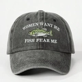 Detail of Women Want Me Fish Fear Me embroidery on washed grey cotton baseball cap - Black