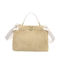 Straw woven tote bag with beige leather handles and gold clasp for summer beach style - White