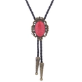 Vintage bronze crown bolo tie with a red oval gemstone on black braided leather rope - 53 (Bronze with Red Stone)
