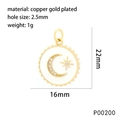 Detail of gold plated star and moon pendant with white enamel and product dimensions - White Moon Star Round Pendant-P00200
