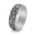 Vintage stainless steel spinner ring with triangular eye pattern on a white background - US 6 / Antique Silver