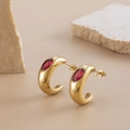 Minimalist gold titanium steel C-shape earrings with red oval zircon stones - Red Zirconia Style (ER-101)