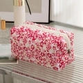 Quilted floral makeup bag with red flower patterns and white zipper closure - Red and Yellow Small Flowers