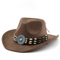 Brauner Cowboyhut aus Wildlederimitat mit Türkis-Schnalle und Holzperlenband - M (56-58cm) / Kaffeebraun