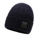 Winter dark blue knitted beanie for men and women with warm lining and mountain logo patch - One Size / Navy Blue