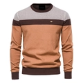 Pull rayé en maille pour hommes, col rond, couleurs gris, marron et jaune moutarde - M / Orange