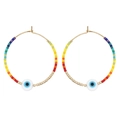 Bohemian gold hoop earrings with multi-color beads and blue evil eye charms - Evil Eye Rainbow (MI-E220219D)