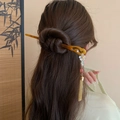 Élégant pic à cheveux chinois en verre avec corps ambré et pompons dorés - 13# Épingle à cheveux-Ambre-Or (Gland de fleur d'ambre)