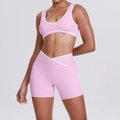 Pink two-piece sports set with a V-cross high waist yoga short and matching racerback bra - Sakura Pink