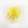 Close-up of 6cm yellow crinkle ball cat toy with iridescent shiny fibers on white background - Elegant Yellow + Iridescent