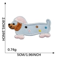 Cartoon dachshund embroidery patch in blue polka dot outfit with dimensions and weight - Dachshund with Pink Hat and Blue Shirt