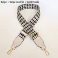 Detail of adjustable houndstooth bag strap with cream leather and gold metal hooks - Cream + Cream Leather + Gold Hook