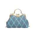 Borsa a mano in denim blu a conchiglia con telaio dorato, chiusura a perla e catena - Blu