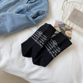 Fashionable black ribbed mid-calf socks with white heart and text pattern detail - Black