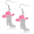 Chic silver cowboy boot earrings with pink hat and white cubic zirconia accents - Style 13 (Pink Hat Silver Boot Variation)