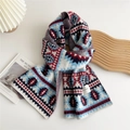 Detail view of ethnic geometric jacquard knit scarf with thick wool texture and logo - Geometric Triangle Blue