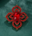 Fashion acrylic brooch with red crystals and green accents on a gold alloy base - XD10529-1 Cross Shape