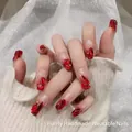 Handmade long ballerina press-on nails with ruby red gradient and gemstone accents - S Small / Medium Long Coffin