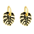 Bohemian gold leaf earrings with black monstera enamel detail for a vintage nature look - Black