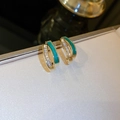 Golden C-shaped double-layer earrings with green enamel and clear zircon stones - Green