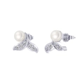 S925 sterling silver fishtail stud earrings with white pearls and sparkling zircons - Silver Fishtail Artificial Pearl Style (APE125-P) / Silver