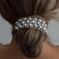 Silver ponytail cuff hair tie with spherical crystal inlay on model's hairstyle - Silver