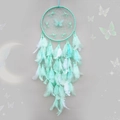 Handmade teal and white dreamcatcher with feathers and butterfly charms for room decor - Finished Product / Green Butterfly Love Flower