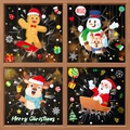 Lot de 4 autocollants statiques de Noël avec Père Noël, bonhomme de neige et renne - Ensemble de 4 (Bonhomme de Pain d'Épice Ski/Cerf/Bonhomme de neige/Père Noël en Traîneau)
