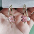 Pink clover pearl hoop earrings with crystal hearts and cubic zirconia accents - Pink Crystal Four-Leaf Clover Pearl Earrings [Ear Needle]