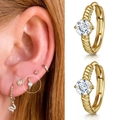 Elegant gold twisted rope hoop earrings with a sparkling white round-cut zircon stone - CC042-2 / Gold+8mm