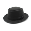 Cappello Pork Pie classico in feltro di lana nera con nastro di raso e fiocco - Nero