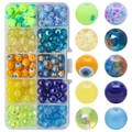 DIY jewelry kit with 10-grid box of gradient glass beads including evil eye and cracked styles - Mixed 2 Lemon & Azure approx 200pcs