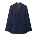 Donkerblauw kraagloos double-breasted blazer en broek set voor dames platte weergave - S / Tops
