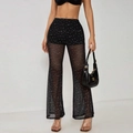 Sexy black sheer mesh flare pants with white polka dots and slim fit design - S / Black
