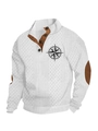 White knit men's Christmas sweatshirt with brown elbow patches and compass print - S / Tops / White (Compass Pattern)