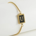 Adjustable golden stainless steel box chain bracelet featuring a black shell letter U charm - U-Black