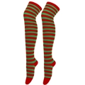 Close-up of red and green striped thigh high socks with solid red toe and heel details - Red & Green Thin Stripes