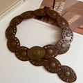 Bohemian brown leather belt featuring oval sections with vintage sunburst metal studs - 22# Waist Chain - Gold Coffee
