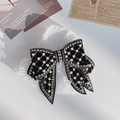 Elegant large black velvet bow hair claw clip with pearls and rhinestones decoration - Velvet Bow Rhinestone Pearl Style / Black Pearl Spring Clip