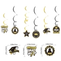 Detailed dimensions of black and gold graduation swirl decorations and congrats grad signs - Black Gold