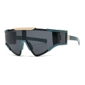 Modern oversized shield sunglasses in dark green with stylish gold metal top bar - Blue Frame Gray Lens
