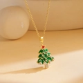 Golden titanium steel necklace with a green enamel Christmas tree pendant and zircons - Christmas Tree / Gold