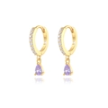 Detail of S925 sterling silver stamp on gold-plated hoop with purple teardrop gem - Gold-Purple Zirconia