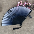 Classical folding fan featuring blue gradient bamboo print and black tassel detail - No.38 Blue Gradient Bamboo Dragonfly