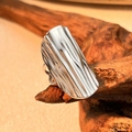 Minimalist wide silver stainless steel ring with textured vertical wood grain surface - Silver