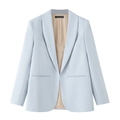 Détail du blazer bleu clair avec col châle, tissu de qualité supérieure et doublure douce - Rose bonbon